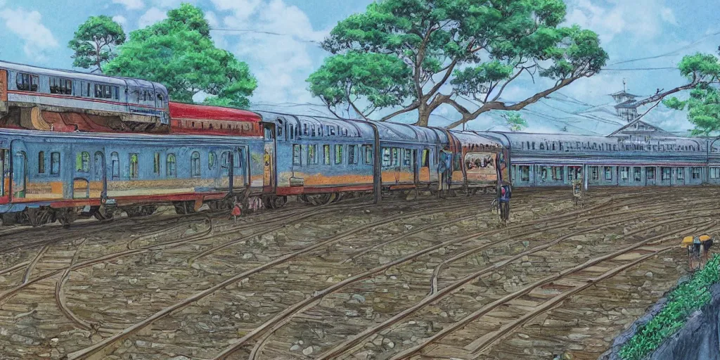 Image similar to sri lankan train station, drawn by hayao miyazaki