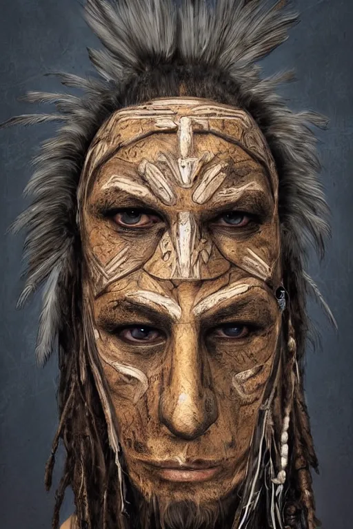 Prompt: portrait, headshot, digital painting, an old shaman in slavic wooden painted ritual mask, crow feathers, dreadlocks, realistic, hyperdetailed, chiaroscuro, concept art, art by frans hals