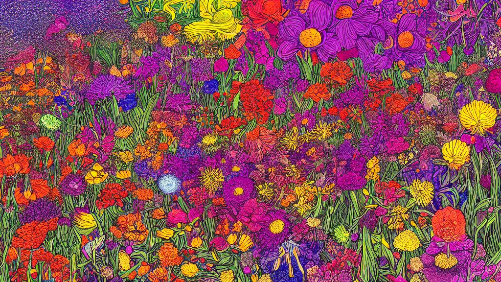 Prompt: highly detailed illustration of an explosion of all known species of flowers by moebius, 4 k resolution, realistic colors