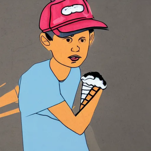 Image similar to a street artist cartoon drawing of a boy in a baseball cap holding an ice cream cone