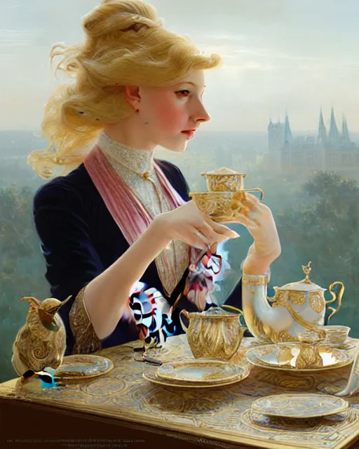 Image similar to Portrait of a blonde lady & a mallard & a pig having tea at the Ritz, real life skin, intricate, elegant, highly detailed, artstation, concept art, smooth, sharp focus, art by artgerm and greg rutkowski and alphonse mucha