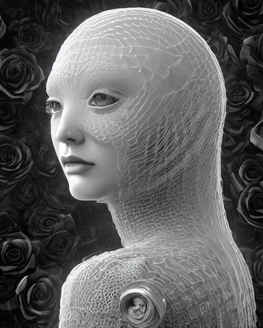 Image similar to mythical dreamy black and white organic bio - mechanical spinal ribbed profile face portrait detail of translucent steampunk beautiful female angelic - human - queen - vegetal - cyborg, highly detailed, intricate crystal ivy jelly ornate, poetic, translucent roses ornate, 3 d render, digital art, octane render, 8 k artistic photography, photo - realistic, by dora maar