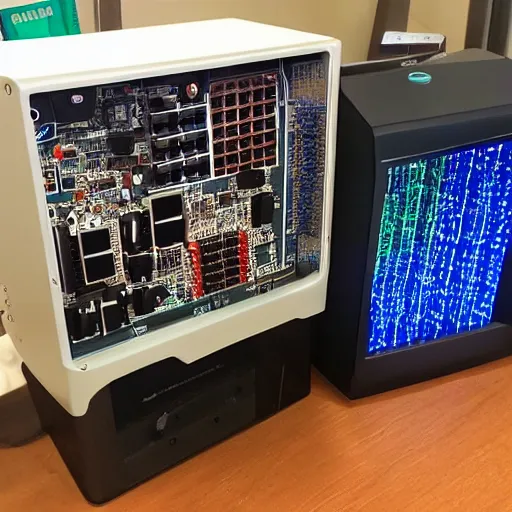 Prompt: big computer, wired up to circuit boards