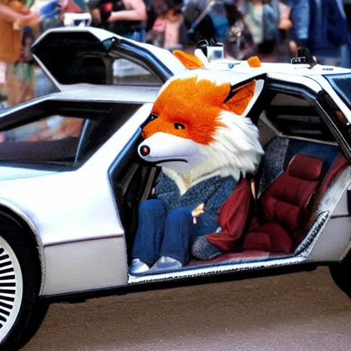 Prompt: a man dressed as a fox, detailed head, in a delorean from the movie back to the future