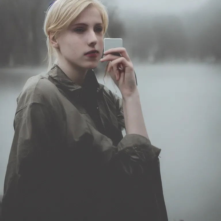 Image similar to cute annie leonhart holding taking a photo of me wallpaper, beautiful face, pale skin, rule of thirds, cinematic lighting, rainy weather, melancholy atmosphere, volumetric light, realistic reflections, sharp focus, backlit, model agency, instagram photo, shot on iphone 1 3 pro max, beauty filter, postprocessing