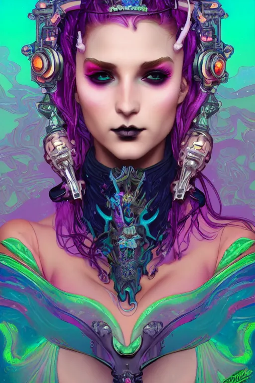 Image similar to a portrait of the lisa frank cyberpunk tank driving mermaid with rhinoplasty, gothic, highly detailed, digital painting, crown of skulls, artstation, smooth, sharp focus, illustration, art by artgerm and greg rutkowski and alphonse mucha and william - adolphe bouguereau