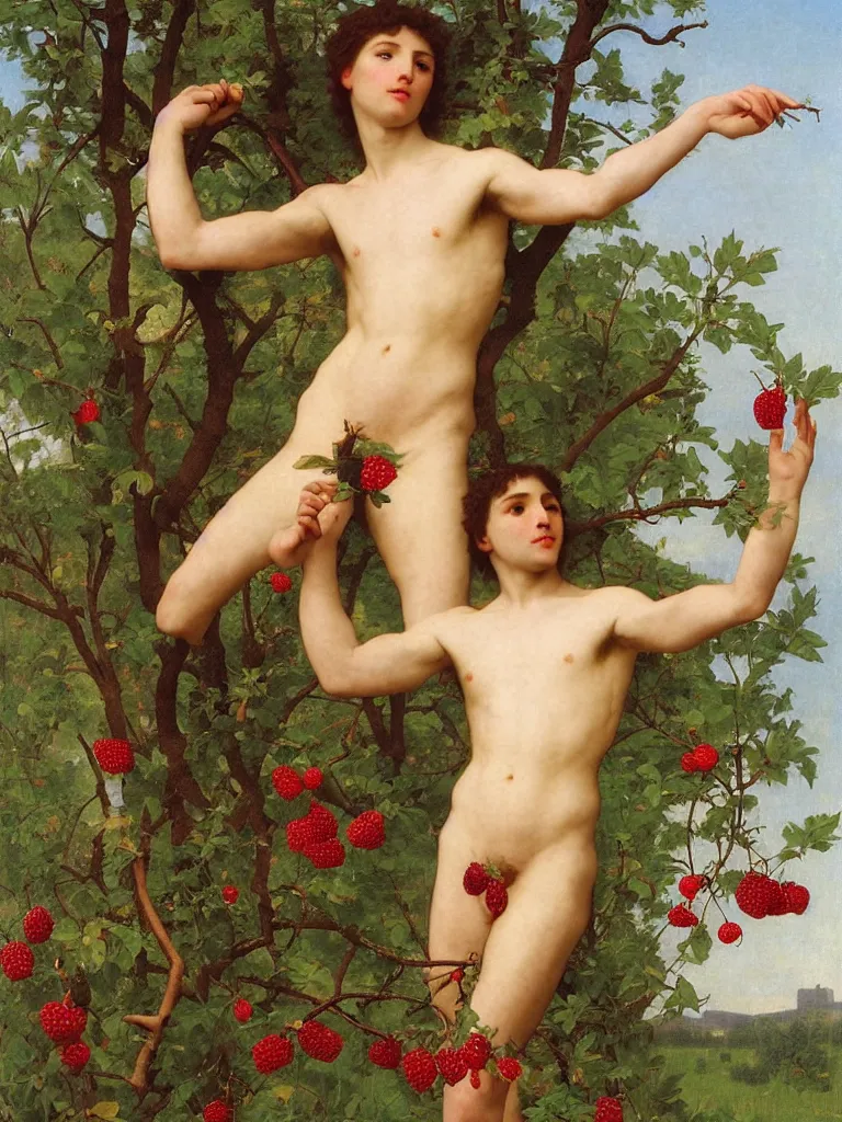 Prompt: perfect male young man in a field of flowers and wild thorns and berries and raspberries, by bouguereau and by andrey remnev