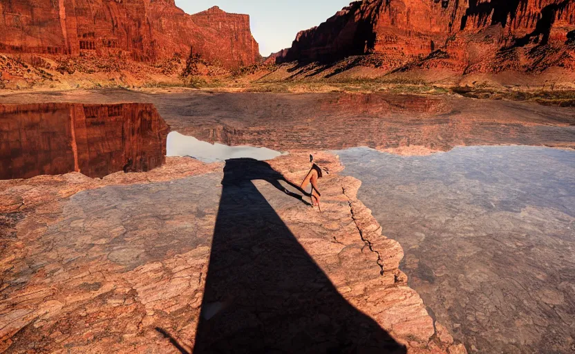 Prompt: Professional Photograph of a Model posing on a Catwalk inside the Grand Canyon. Sunset lighting, Shadows and Reflections