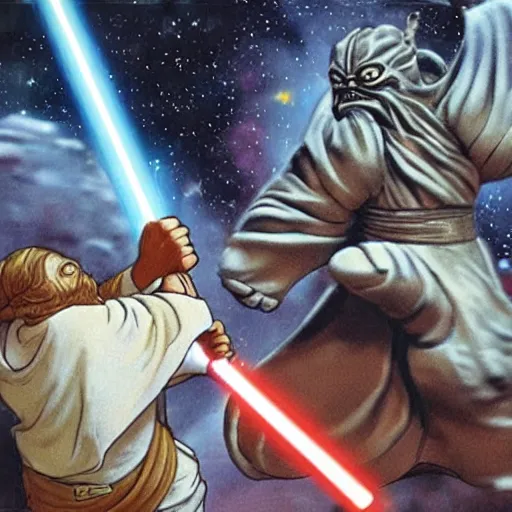 Prompt: Obi Wan fighting jabba the hutt in a space shuttle with light sabers and lava