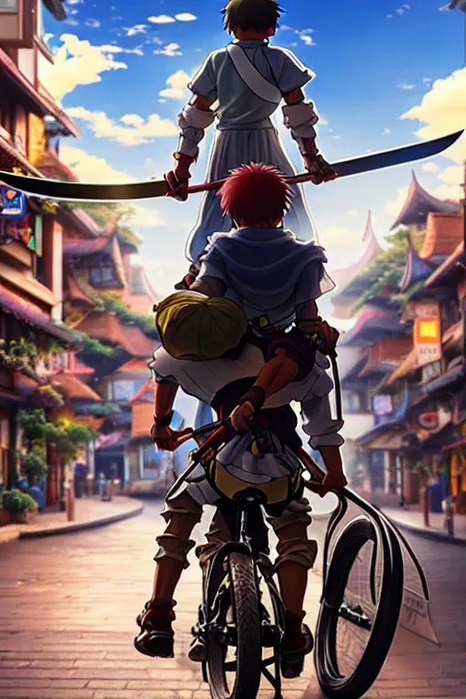 Image similar to ultra detailed keyart of sci - fy movie, a boy carrying a sword in his back is riding a simple bycycle in the main street of isekai shinjuku