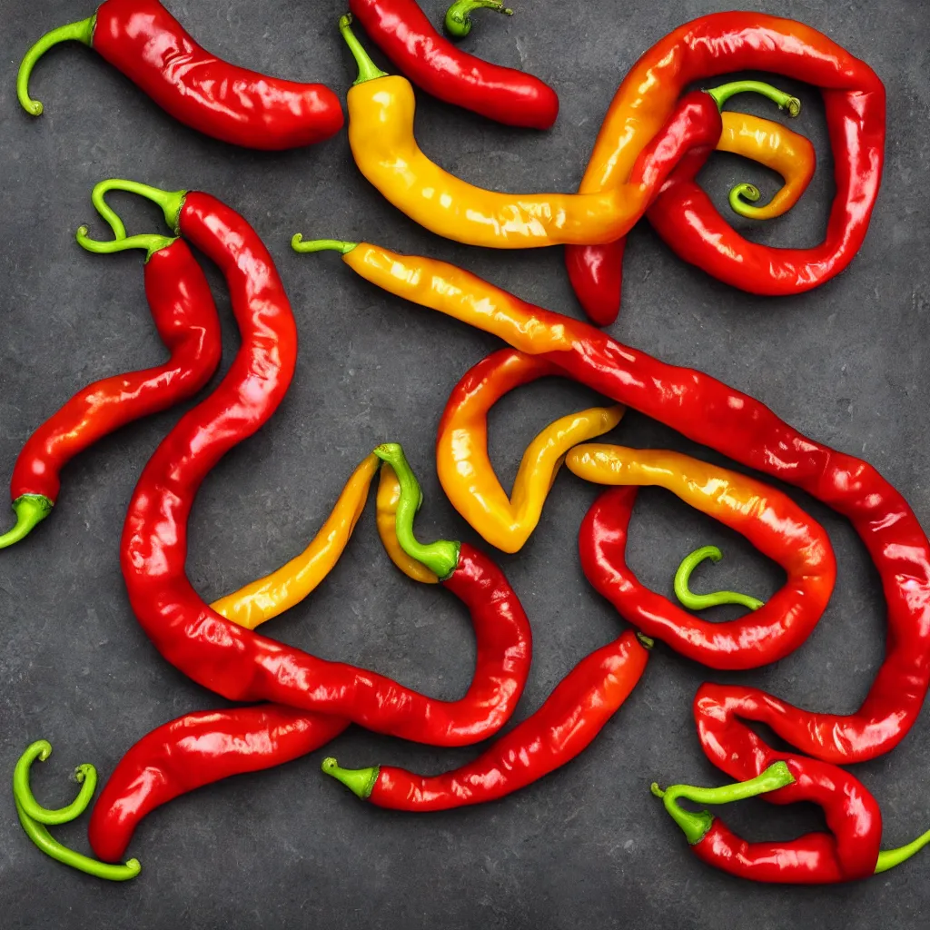 Image similar to snake banana in the shape of red peppers, closeup, hyper real, food photography, high quality