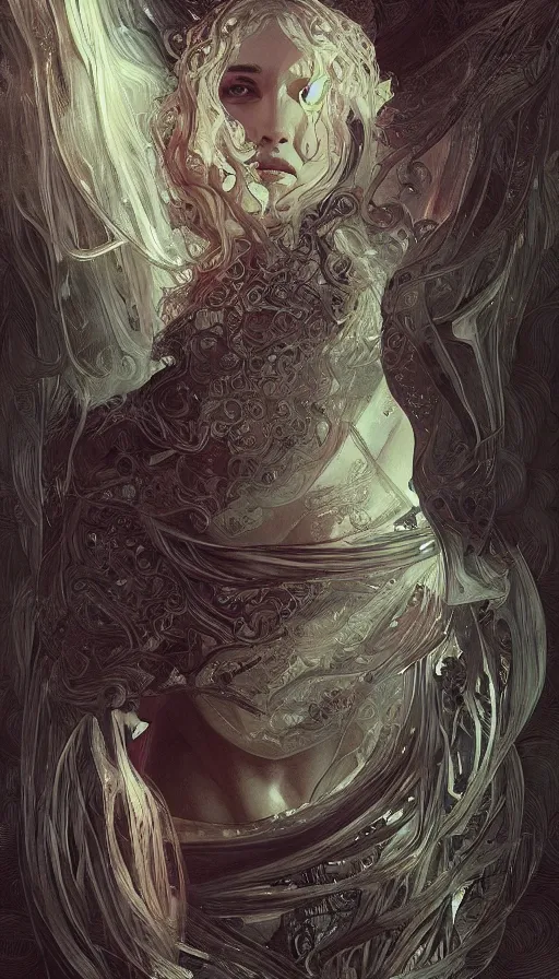 Image similar to sries and whispers, fame of thrones, lord of daggers, neon, fibonacci, sweat drops, intricate fashion clothing, insane, intricate, highly detailed, surrealistic, digital painting, artstation, concept art, smooth, sharp focus, illustration, Unreal Engine 5, 8K, art by artgerm and greg rutkowski and alphonse mucha