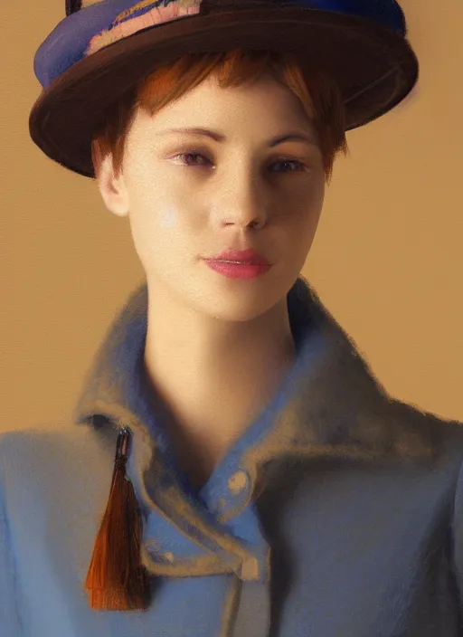 Prompt: portrait of a young lady with yellow short hair and brown eyes wearing small blue hat, computer painting, realistic volumetric lighting, detailed