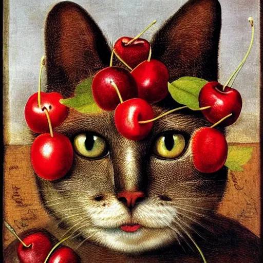 Prompt: a cat head made out of cherries by giuseppe arcimboldo, oil on canvas
