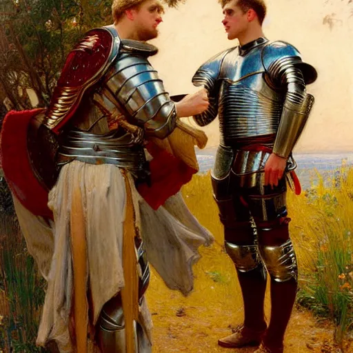 Image similar to attractive fully clothed arthur pendragon confesses his love for his attractive fully clothed male knight. highly detailed painting by gaston bussiere and j. c. leyendecker 8 k