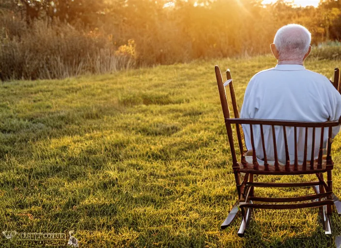 Prompt: an old man in a rocking chair from behind, golden hour, canon eos r 3, f / 1. 4, iso 2 0 0, 1 / 1 6 0 s, 8 k, raw, unedited, symmetrical balance, in - frame