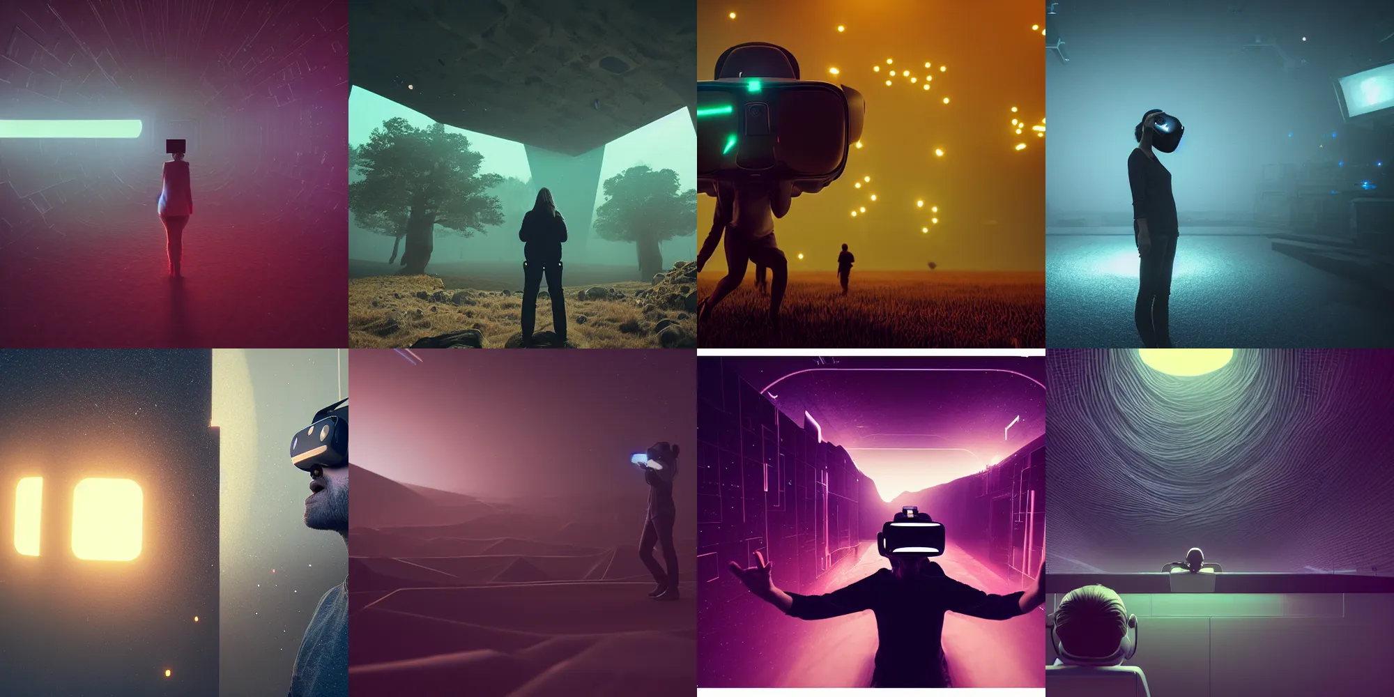 Image similar to beautiful dark landscape, person screaming wearing virtual reality, in the style of beeple and Mike Winkelmann, intricate, epic lighting, cinematic composition, hyper realistic, 8k resolution, unreal engine 5,