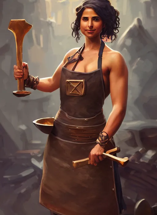 Image similar to a highly detailed illustration of naomi scott as fierce blacksmith woman wearing apron, muscular, dramatic smile pose, intricate, elegant, highly detailed, centered, digital painting, artstation, concept art, smooth, sharp focus, league of legends concept art, wlop.