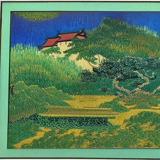 Prompt: japanese landscape, temple, mountains in distance, lake with japanese creatures in front, that looks like a van gogh painting