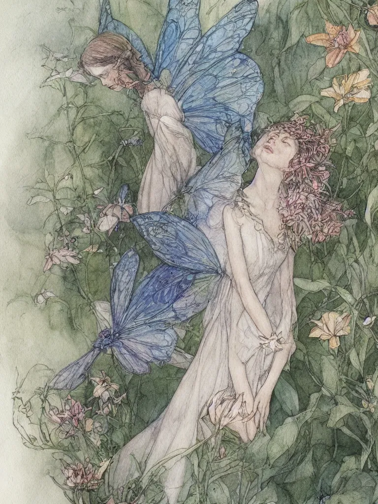 Image similar to annotated study of a flower fairy, illustration, watercolor, alan lee, detailed, pretty, ethereal,