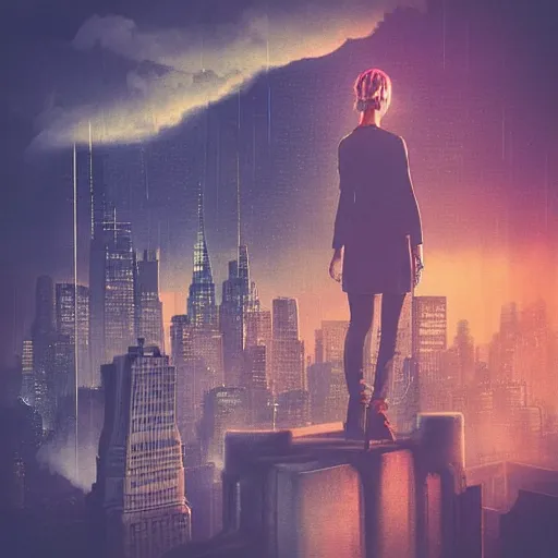 Prompt: “ girl standing on a roof looking down at a futuristic new york city below, ghostpunk, blade runner, cyberpunk, art nouveau, storm clouds, rain, very detailed, by gil evgren ”