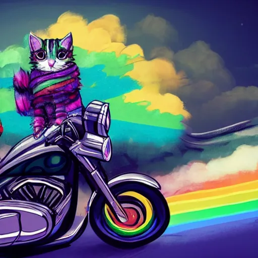 Image similar to wide angle full body, jacket wearing fluffy cute rainbow kitten wearing a black leather motorcycle jacket, riding on a motorcycle, cinematic concept art