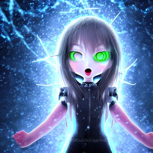 Image similar to photorealistic full body shot of masterpiece angry darkness anime girl, beautifull lovely eyes, electric aura with particles, snowing frozen ice, darkness background, inspired by tim burton, detailed, unreal engine 4 k, volumetric light, fog