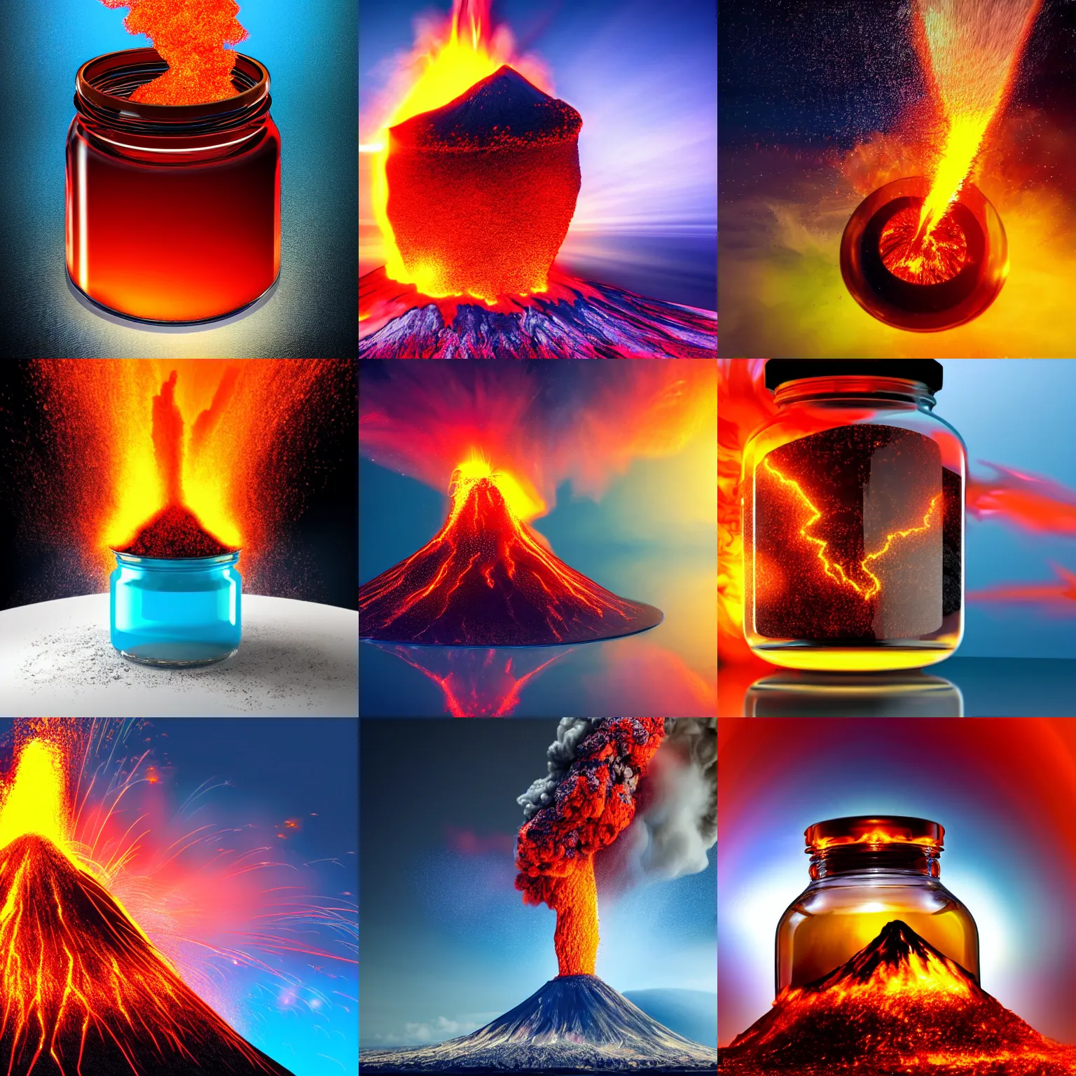 Prompt: erupting volcano in a jar, colorful, shiny, realistic, 4 k