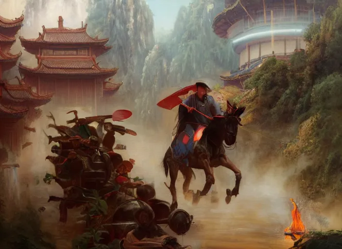 Image similar to elon musk terrorizing ancient china by vladimir volegov and alexander averin and pierre auguste cot and delphin enjolras and peder mørk mønsted