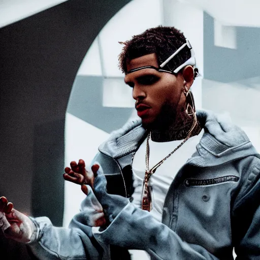 Prompt: a cinematic film still of rapper chris brown as a cybernetic cyborg, cgi, surrealism, film photography