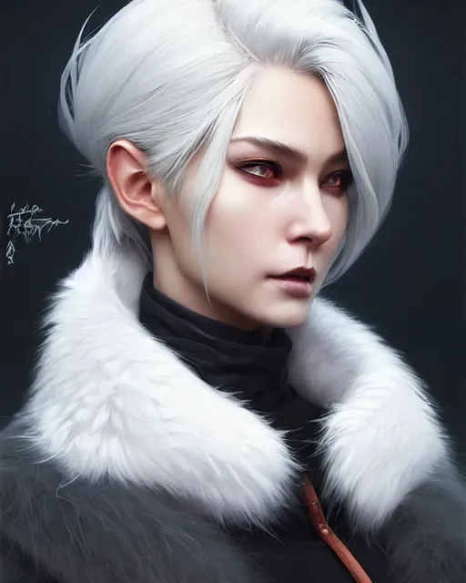 Image similar to dragon hunter wearing a fur - lined dragonhide jacket!!! beautiful and elegant white hair female!! symmetry, character concept art, sharp focus, illustration, artgerm!! greg rutkowski! wlop!! ilya kuvshinov!! charlie bowater! octane render! unreal engine 5! highly rendered!! trending on artstation!