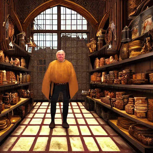 Prompt: full body portrait of Dennis hopper as a devious medieval lord standing on the right inside a big medieval Shop with tall windowpane, shelves full of medieval goods, morning light, dramatic lighting, high contrast, trending on artstation, style of midjourney, unreal engine, octane render, intricate details, 8k high definition, beauriful, ornate, hyperrealistic