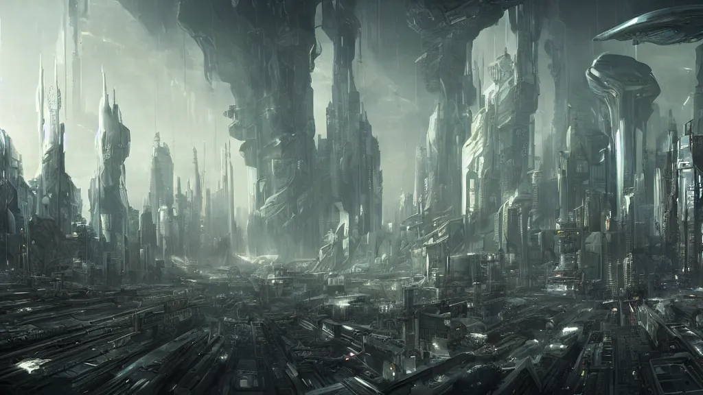Image similar to a vast alien city, bustling and alive, futuristic, biological, cyberpunk, sinister, lightening and smog, dust, ultra realistic, hyper detailed, concept art, cinematic, wide lens,