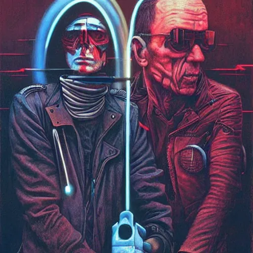 Image similar to cyberpunk sonny barger and hunter thompson by beksinski and tristan eaton, dark neon trimmed beautiful dystopian digital art