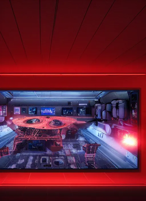 Prompt: photorealism of monitor on the wall of a room of a spacecraft with user interface display, red tones, biomechanical, ads concert rock, advertising rock concert, rock festival concert announcement high resolution, hyper realistic sci fi realistic, octane render, hyper realistic, ambient lighting, blade runner film style, canon eos ef 5 0 mm.