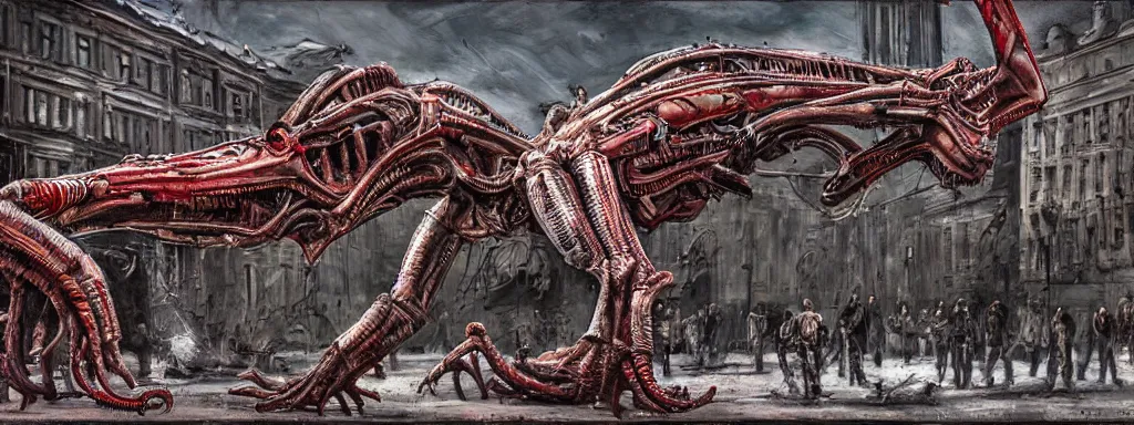 Prompt: alien predator on moscow red square. extreme long shot. post-apocalyptic art. high detail