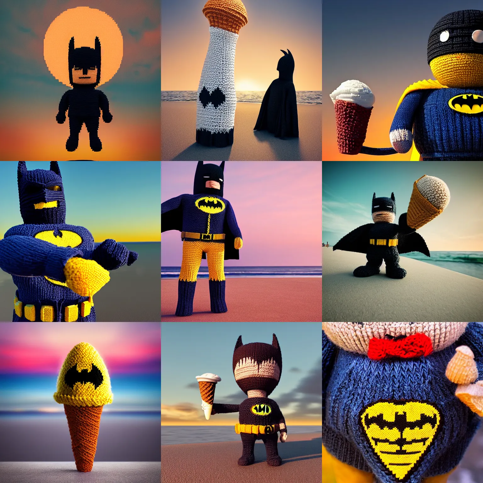 Prompt: a large knitted batman holding an ice cream cone during sunset at the beach Trending on artstation, featured on Behance, well-rendered, Unreal Engine, 4K HD