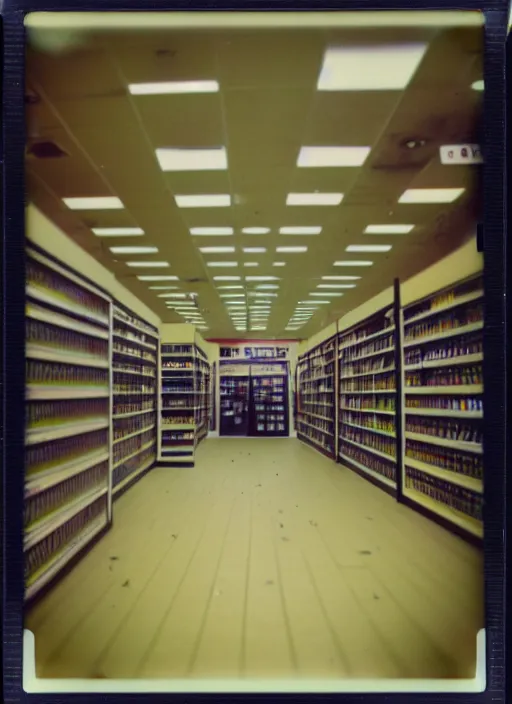Image similar to polaroid photograph of the inside of an empty blockbuster store, liminal space, familiar place, mannequins, black mold, amateur, 3 5 mm, raw, 4 k, hd