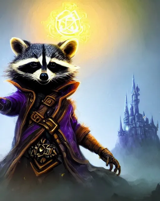 Image similar to closeup 2 8 mm anthropomorphic warlock raccoon casting a spell in a castle, d & d, fantasy, intricate, action pose, particle effects, highly detailed, digital painting, artstation, concept art, matte, sharp focus, volumetric lighting, illustration, hearthstone, art by artgerm, wlop, craig mullins, alphonse mucha