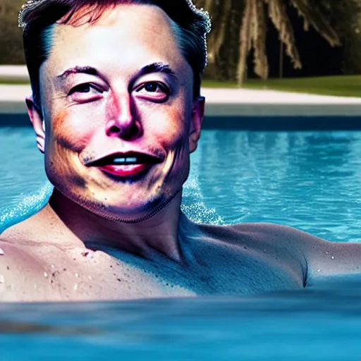 Prompt: Photography of elon musk swimming in a pool surrounded by floating dollar bills