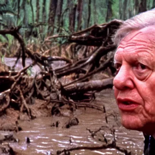 Prompt: cinematic still of sir david attenborough, covered in mud and watching a predator in a swamp in 1 9 8 7 movie predator hd, 4 k