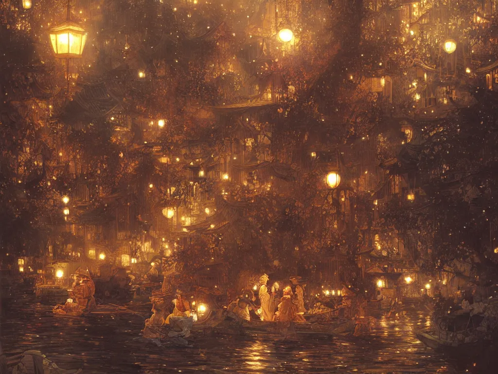 Image similar to view from the river of a beautiful painting of the lantern festival in a an ancient japanese town, at night with a sky full of stars, intricate, elegant, highly detailed, digital painting, artstation, concept art, by krenz cushart and artem demura and alphonse mucha