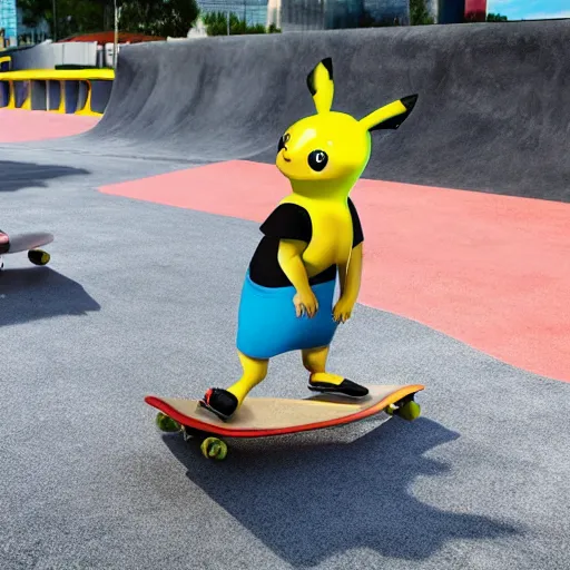 Prompt: Pickachu on a skateboard in a skatepark pixar style