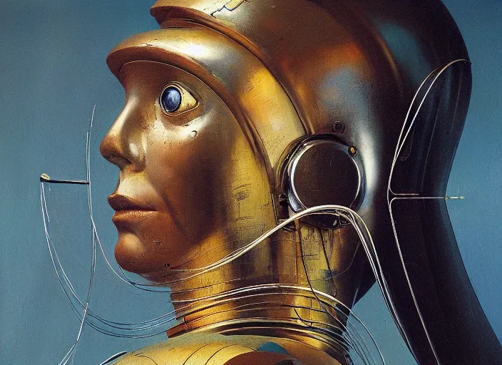 Image similar to a portrait headshot of sci fi metallic human, bright eyes, melancholic complex geometric figure liminal machinery by oskar schlemmer, moebius, john berkey, oil on canvas, portrait facial head, featured on artstation, hd wallpaper