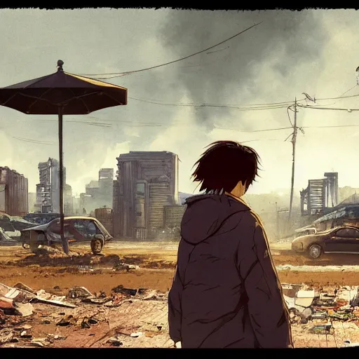 Image similar to incredible wide screenshot, ultrawide, simple watercolor, rough paper texture, ghost in the shell movie scene, backlit distant shot of girl in a parka running from a giant robot invasion side view, yellow parasol in deserted dusty shinjuku junk town, broken vending machines, bold graphic graffiti, old pawn shop, bright sun bleached ground, mud, fog, dust, windy, scary robot monster lurks in the background, ghost mask, teeth, animatronic, black smoke, pale beige sky, junk tv, texture, brown mud, dust, tangled overhead wires, telephone pole, dusty, dry, pencil marks, genius party,shinjuku, koji morimoto, katsuya terada, masamune shirow, tatsuyuki tanaka hd, 4k, remaster, dynamic camera angle, deep 3 point perspective, fish eye, dynamic scene