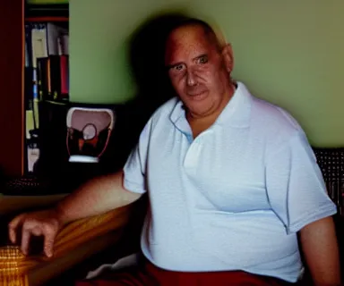 Image similar to image of a hispanic middle-aged man with wearing a polo shirt sitting on a chair in a room under an air conditioner with warm sun light coming in through the windows, 80mm