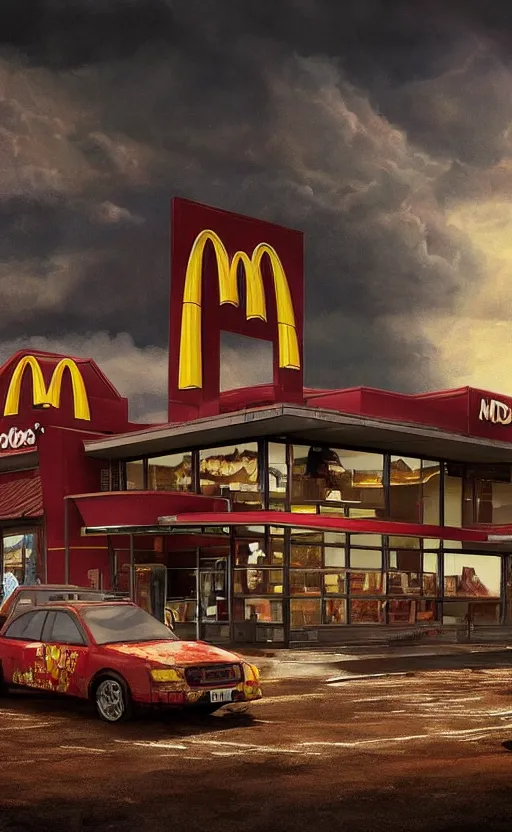 Image similar to beautiful epic painting of a uk mcdonalds in an apocalypse. thunder, lightning, fantasy art, hd, ultrawide angle,, hq. very detailed.