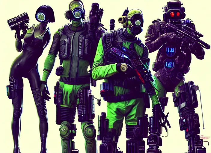 Image similar to cyberpunk blackops hazmat squad. portrait by stonehouse and mœbius and will eisner and gil elvgren and pixar. character design. realistic proportions. cyberpunk 2 0 7 7 character art, blade runner 2 0 4 9 concept art. cel shading. attractive face. thick lines. the team. diverse characters. artstationhq.