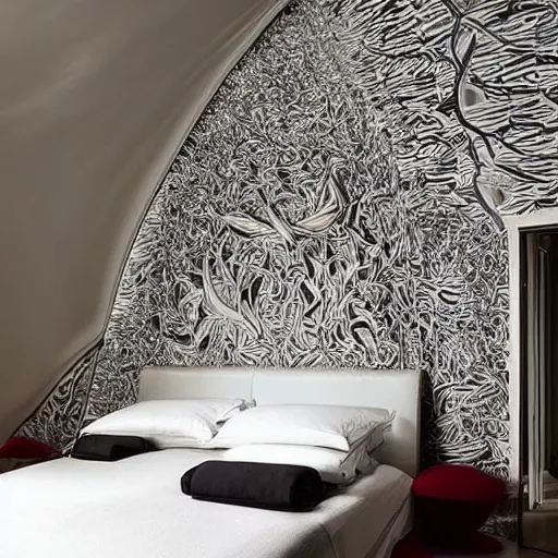 Prompt: a cozy bedroom decorated by zaha hadid, detailed, high resolution, wow!, intricate