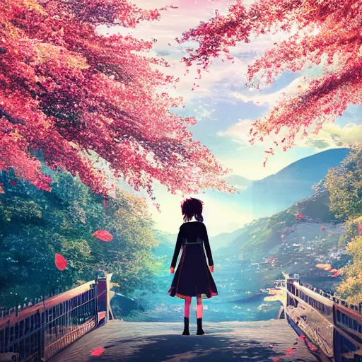 Prompt: still from the anime kimi no na wa of a beautiful girl standing at a bridge with long red hair blowing in the wind and sakura leaves flying through the air, detailed, 4 k,